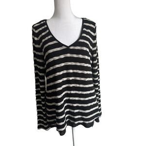 White House Black Market Sweater Black Beige Stripes Soft Lace V-Neck Size L